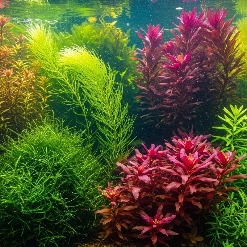 Vibrant Algae: Diverse Aquatic Plants in Green, Red, Purple