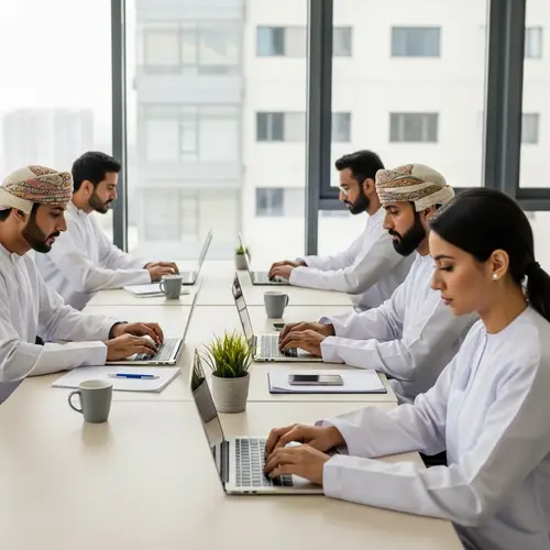 Professional Omani Employees Collaborating with Laptops