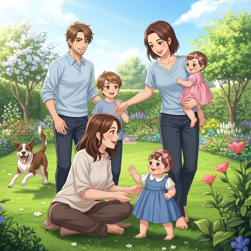 Family Fun in a Sunny Garden with Playful Dog Family Fun in a Sunny Garden with Playful Dog