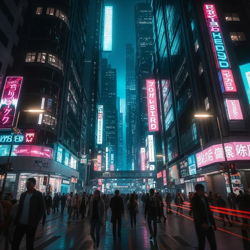 Futuristic Cyberpunk Cityscape: Neon Lights, Skyscrapers, and Bustling Streets