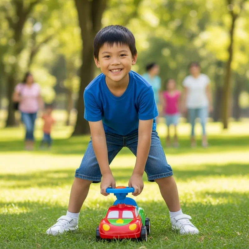 Cheerful Asian Boy Playing with Toy Car in Park