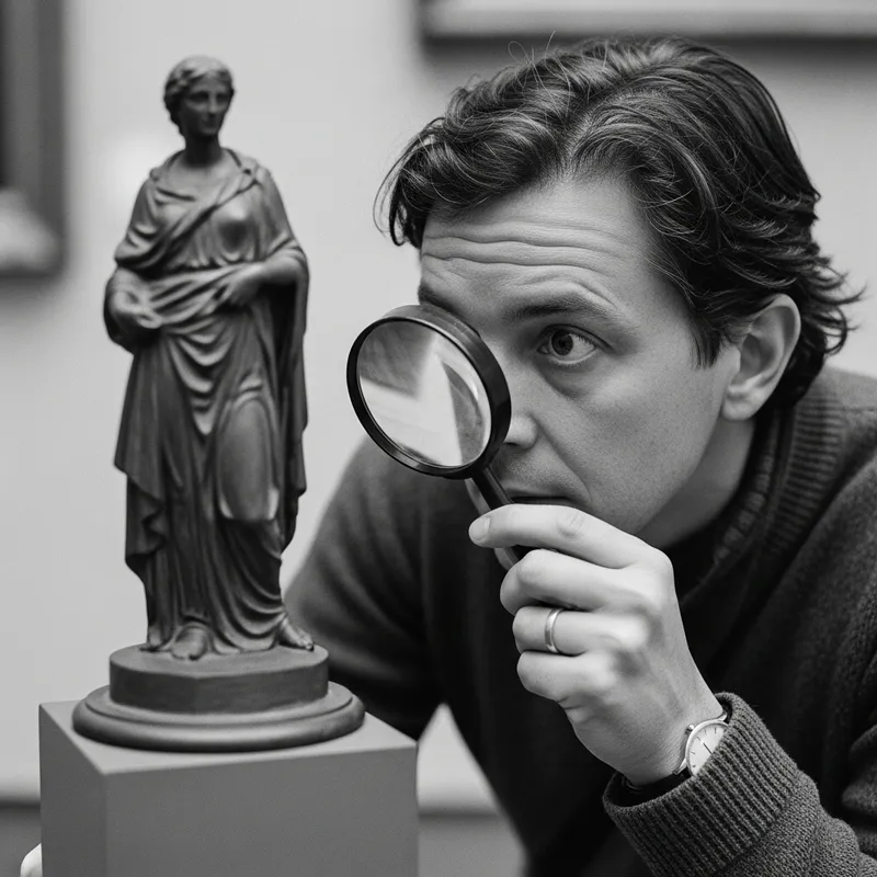 Monochrome Image: Person Examining Sculpture
