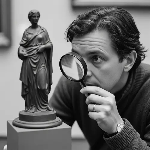 Black and White Image: Person Examining Sculpture