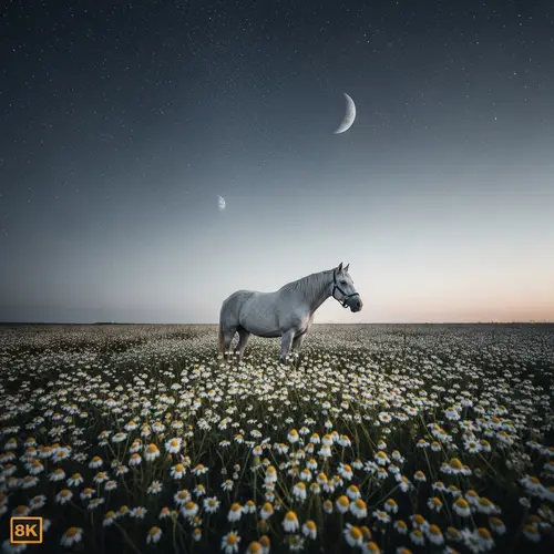 Chamomile Field & Majestic Horse Under Starry Sky - 8K Art