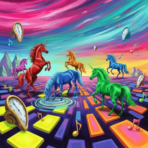 Colorful Unicorn Fantasy Art in Abstract Landscape