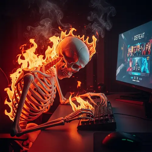 Angry Skeleton on Fire Hits Keyboard in Game Loss