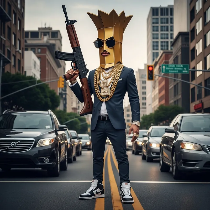 Dominant Firearm Figure with Gold Chains in Urban Traffic Chaos