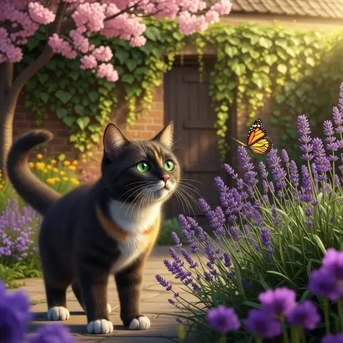 Black and Orange Domestic Cat Playing in Serene Garden