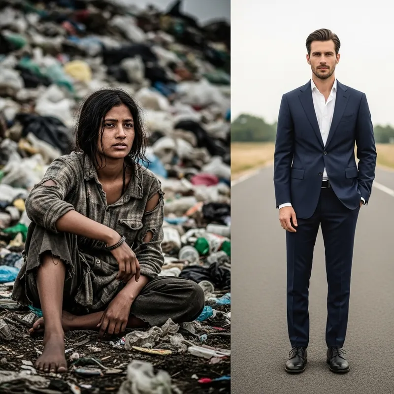 Young Woman Amid Garbage: Contrasts of Beauty and Reality