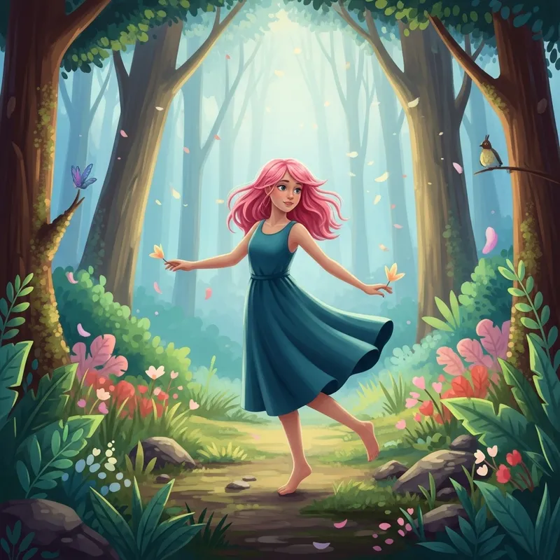 Playful Pink-Haired Girl Twirling in Enchanted Forest Fantasy
