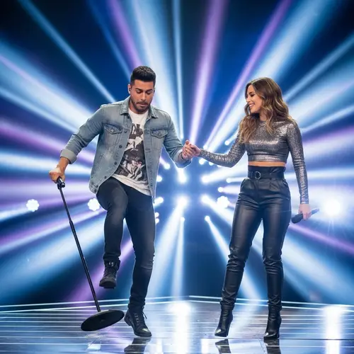 Embarrassed Hispanic Man and Pop Singer on Modern Stage