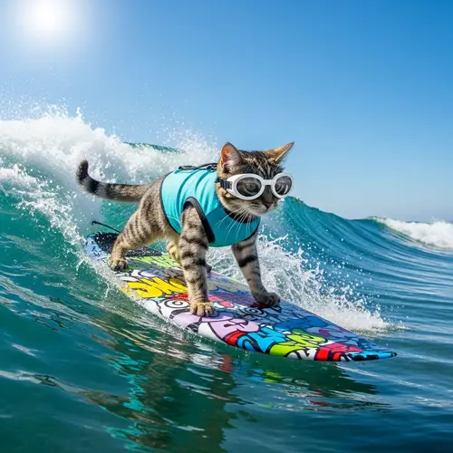 Adventurous Surfing Cat: Mastering Ocean Wave with Safety Gear