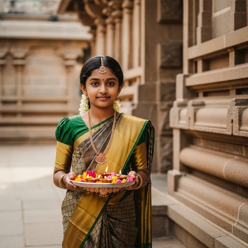 Tamil Young Girl in Silk Saree at Temple | Traditional Tamil Architecture