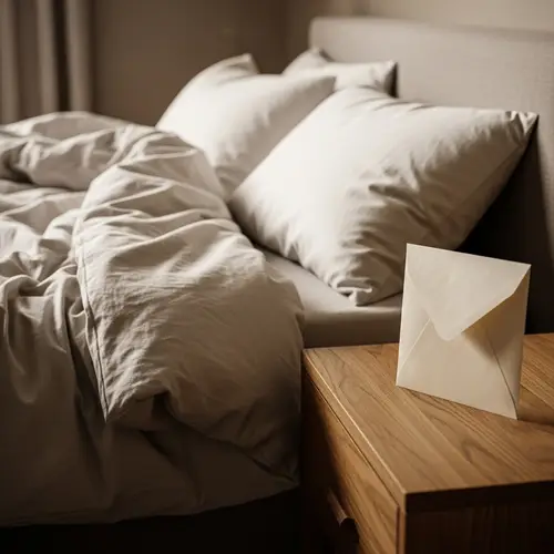 Cozy Bedroom with Bed, Nightstand & Envelope