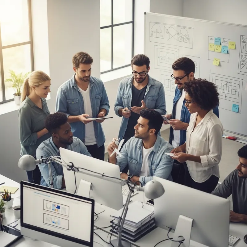 Diverse Group of Designers Engaging in Teamwork in Minimalist Workspace