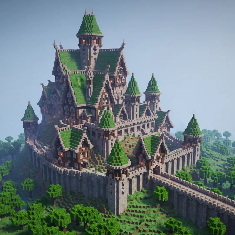 Grand Medieval Castle on Hilltop in Minecraft 1.20 with Oxidized Copper Roofs