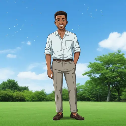 Friendly Smiling Man Outdoors | Casual Style with Afro Hair