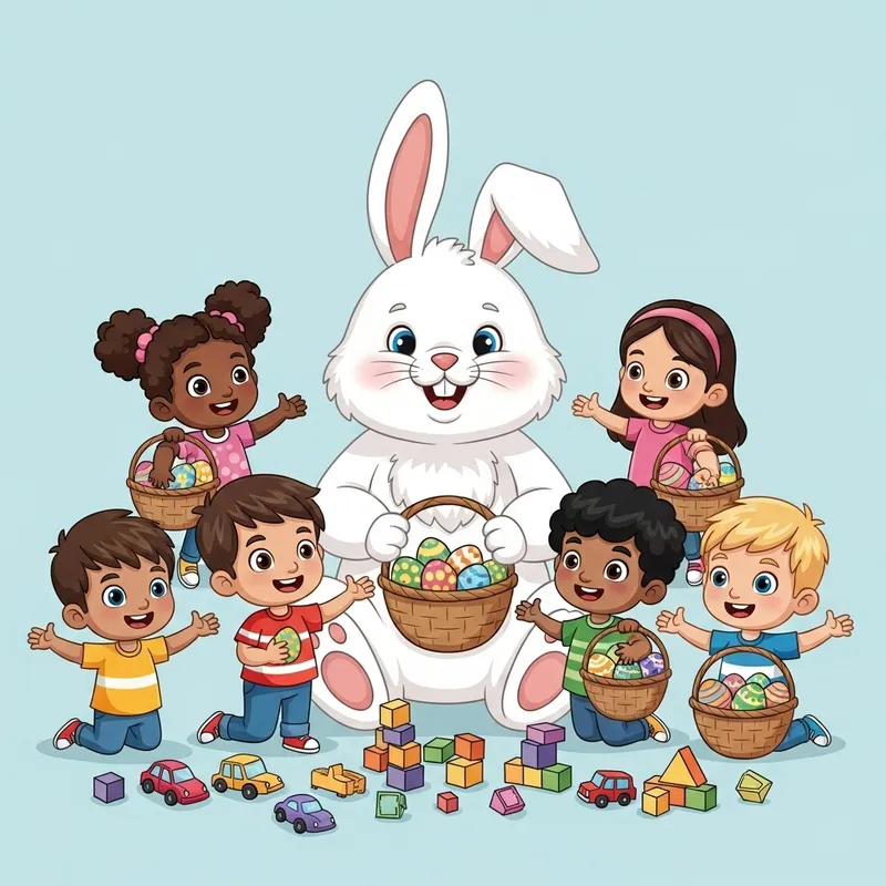 Easter Bunny and Diverse Cartoon Kids Enjoying Easter Fun