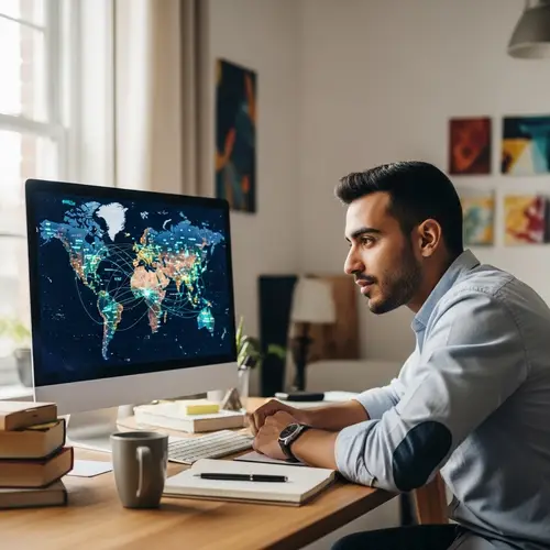 Young Middle Eastern Man Working at Desk with World Map Displayed on Computer