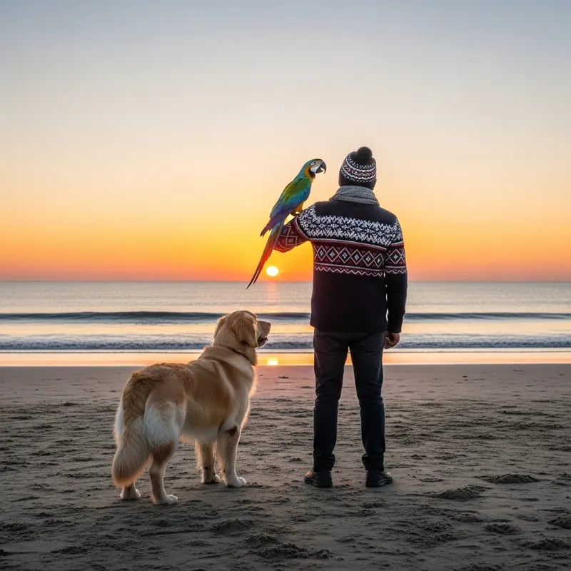 Serene Coastal Portrait with a Person, Dog, and Bird