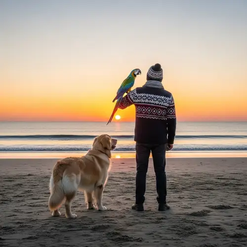 Winter Dawn Scenery by Seashore with South Asian Man and Pets