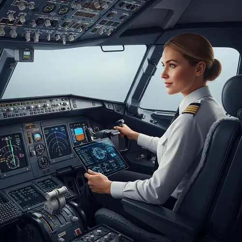 Skilled Caucasian Woman Pilot Mastering Cutting-Edge Aircraft Technology