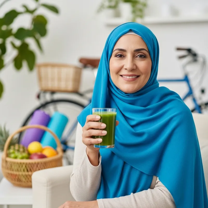 Cute Mature Woman in Hijab with Green Shake