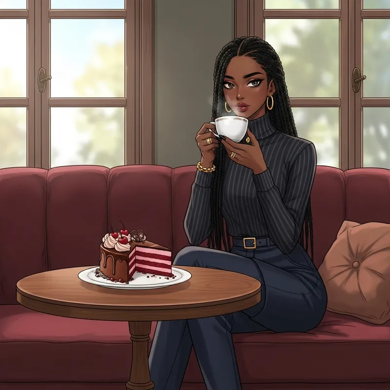 Stylish Black Girl with Long Braids Enjoying Cake in Korean Comic Cafe