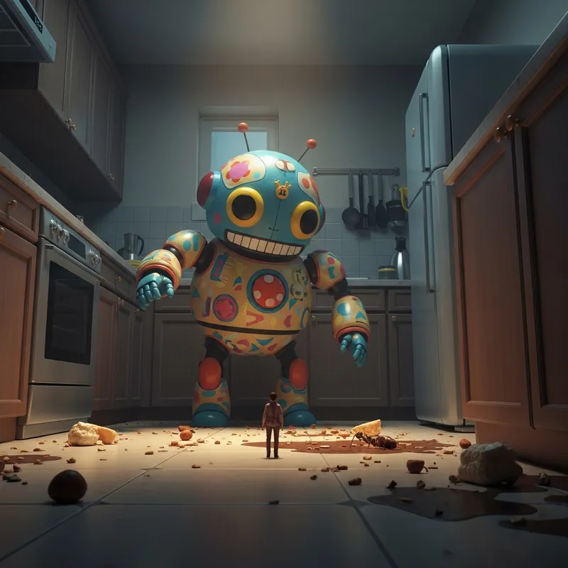 Colossal Kyootbot Engulfing Tiny Human in Surrealist Kitchen