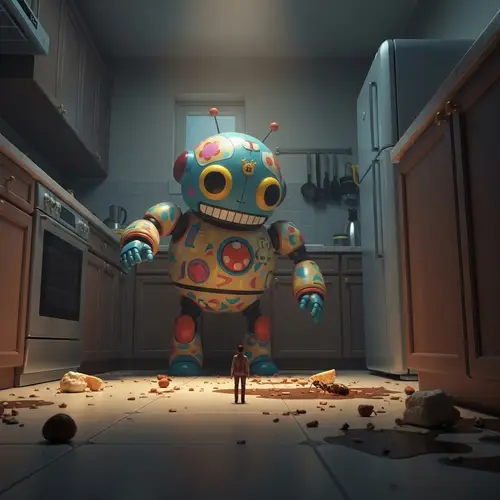 Gigantic Kyootbot vs. Insect-Sized Human: Surrealist Kitchen Scene