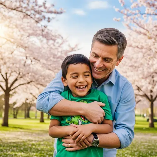 Heartwarming Embrace Between Middle-aged Man and Young Boy