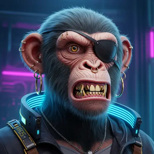 Angry Monkey Portrait with Golden Teeth and Cyberpunk Aesthetic