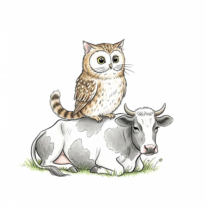 Whimsical Cat Owl and Cow Illustration - Enchanting Scene