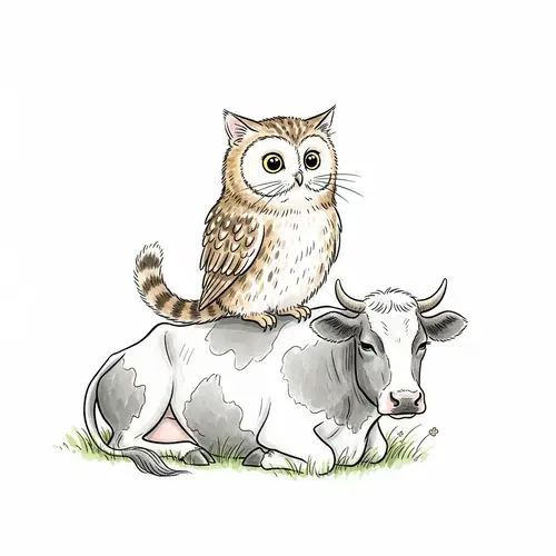 Whimsical Cat Owl Perched on Cow - Enchanting Illustration