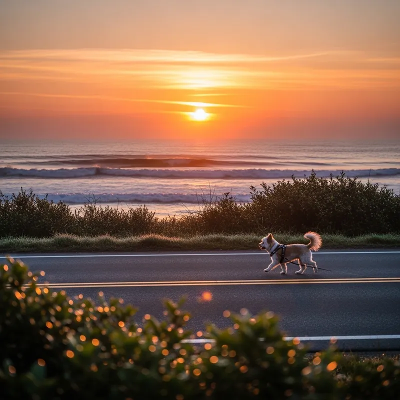 Sunny Beach Sunrise: Adorable Dog Crossing the Road