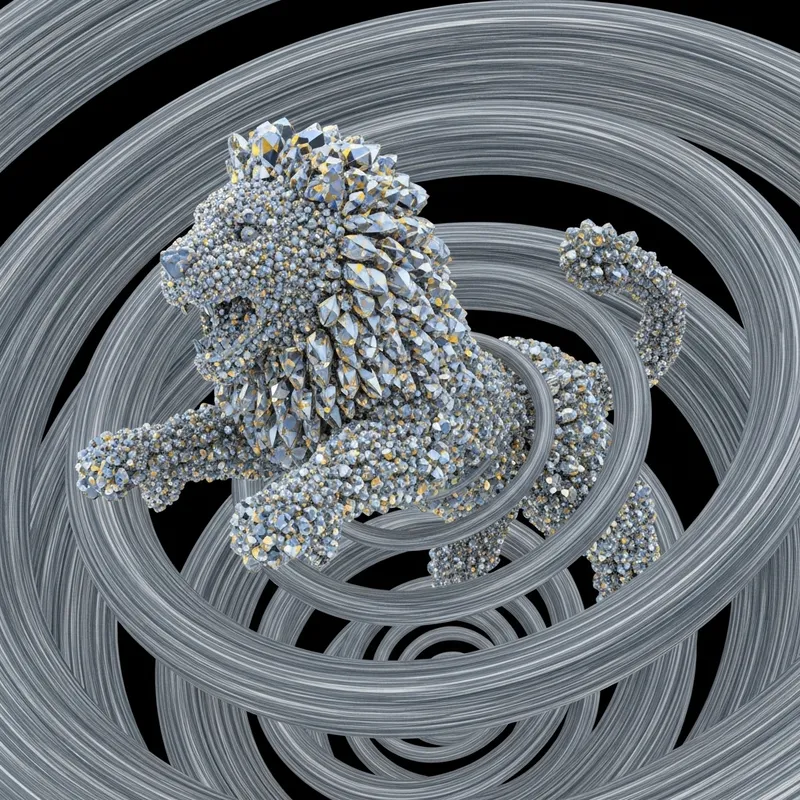 Futuristic Optics Lion Art: Silver Gold Crystal 3D Vortex