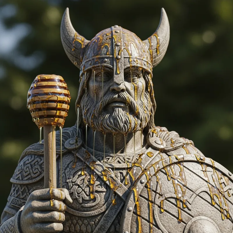 Majestic Viking Warrior Statue Covered in Honey