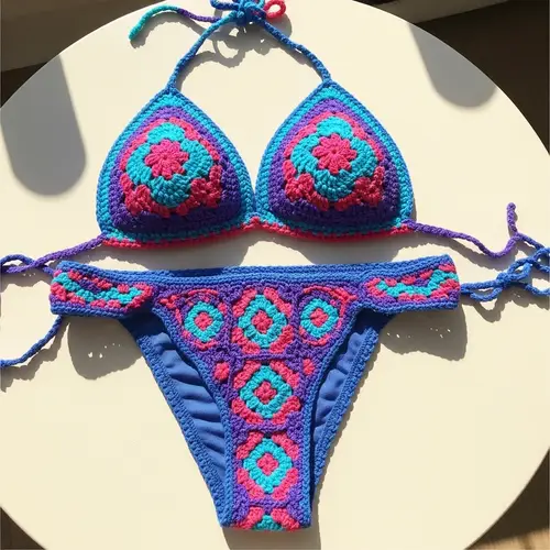 Stylish Crochet Bikini with Floral and Geometric Designs