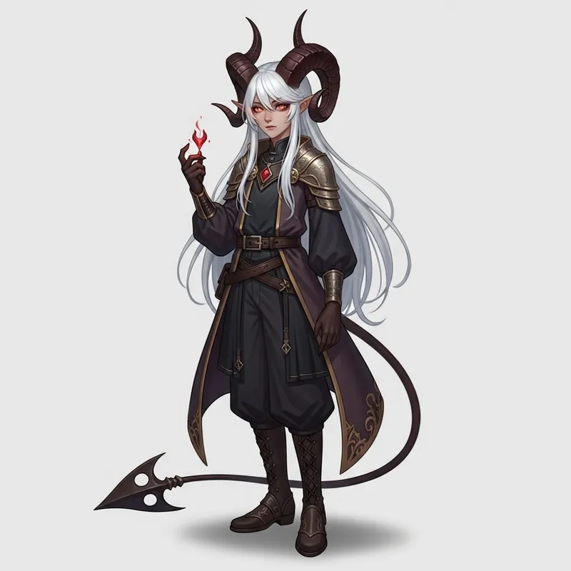 Young Tiefling with Fizzy Twirly Horns and Ethereal White Hair