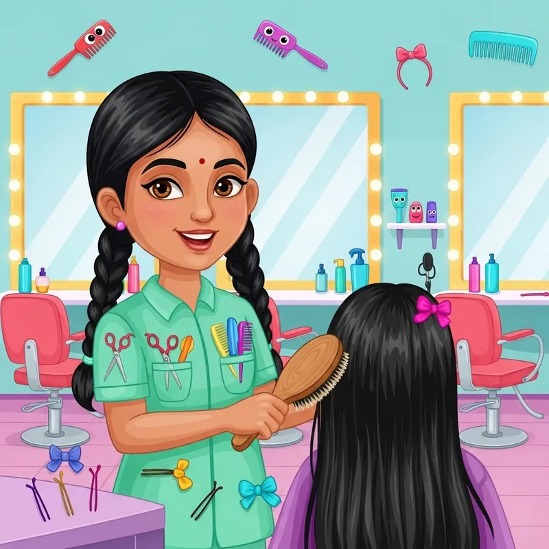 Smiling South Asian Girl Hairstylist Cartoon