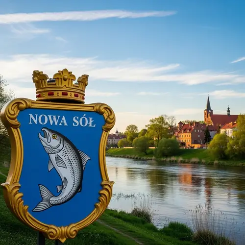 Nowa Sól Herb with River Background