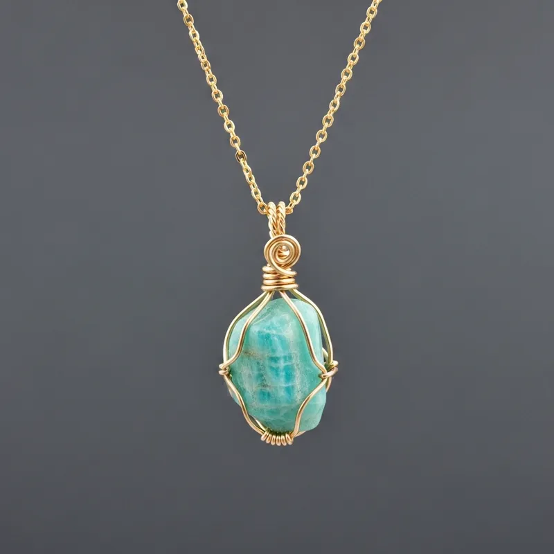 Gold Plated Amazonite Crystal Wire Wrap Necklace - Handcrafted Jewelry
