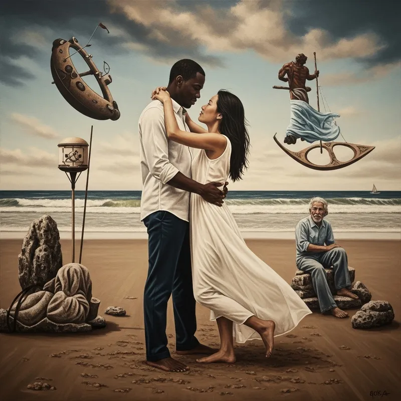 Romantic Embrace at Surreal Beach | Vintage Film Sepia Tones
