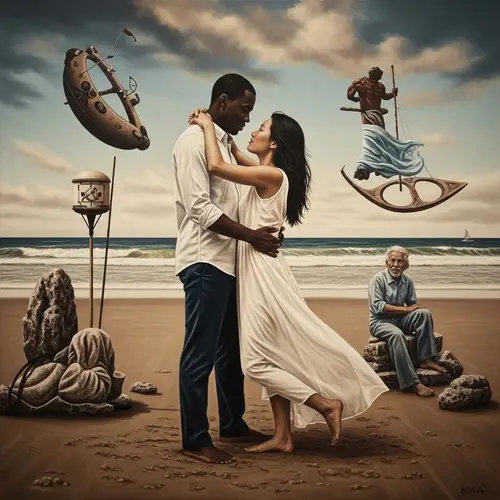 Diverse Couple Embrace on Surrealistic Beach | Romantic Oil Painting