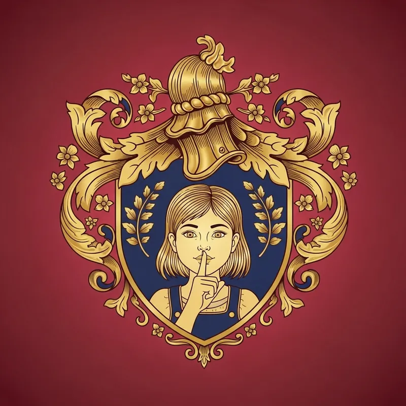 Ornate Gold Heart Coat of Arms | Regal Emblem with Playful Girl