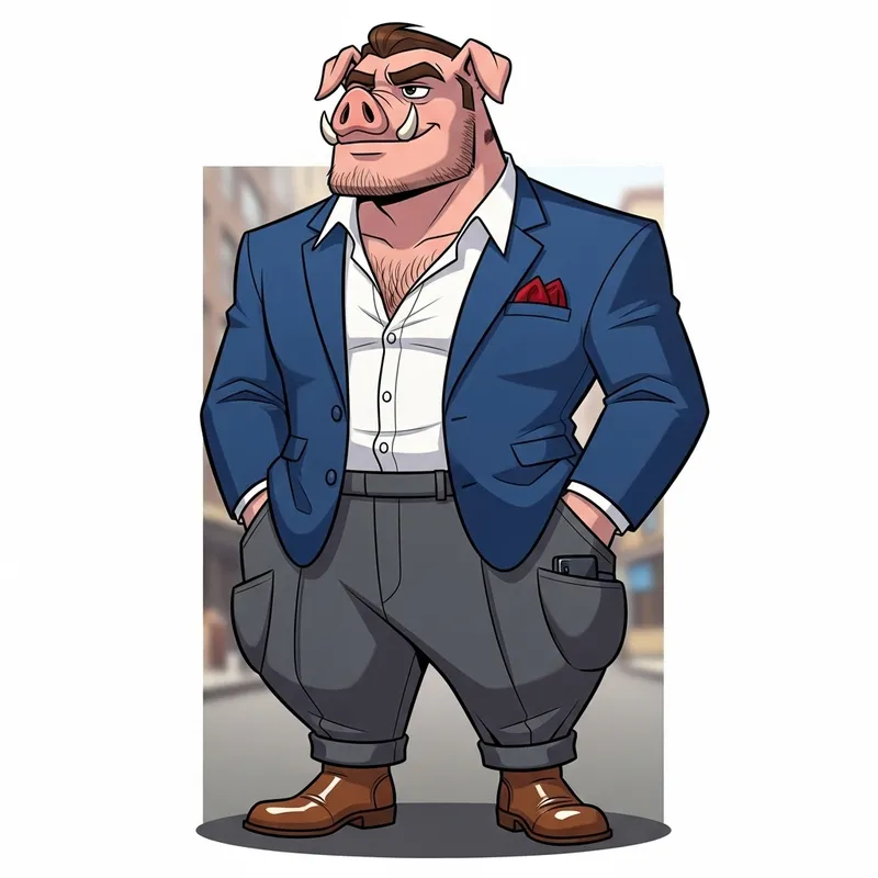 Stylish Masculine Pig Character with Unexpected Style