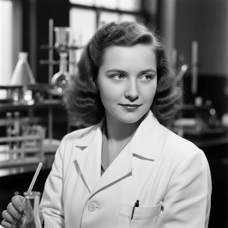Vintage Style Beauty: Fair-Skinned Woman in Lab Coat