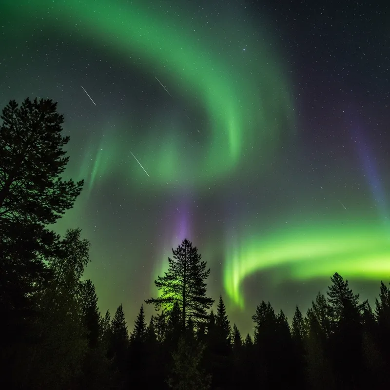 Aurora Borealis Forest Night View | Starfall Sky Phenomenon