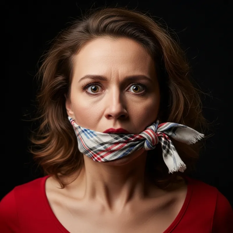 Intense Drama: Gagged Woman in Red Top Intense Drama: Gagged Woman in Red Top