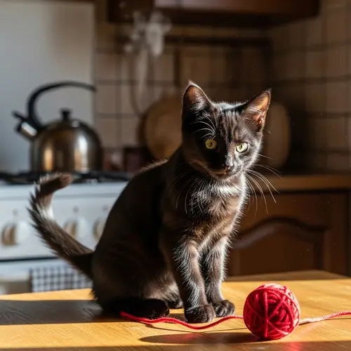 Sleek Black Cat with Green Eyes on Oak Table